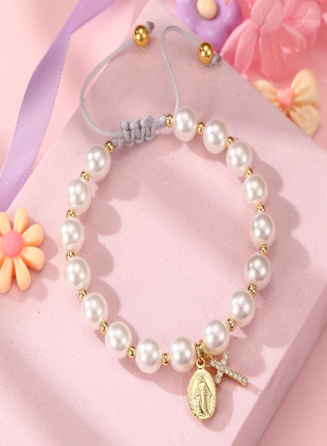 GINAZL First Communion Gifts, Virgin Mary Pearl Bracelet 14K Gold Plated Charm Bracelets for Women Rope Adjustable Tiny Cute Cross Bracelet First Holy Communion Gifts (FPB) - Image 4